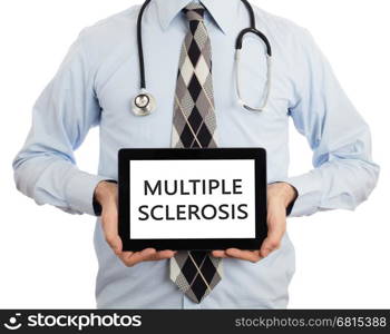 Doctor, isolated on white backgroun, holding digital tablet - Multiple sclerosis
