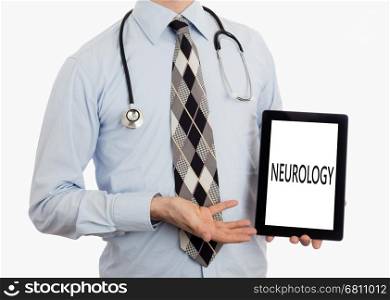 Doctor, isolated on white backgroun, holding digital tablet - Neurology