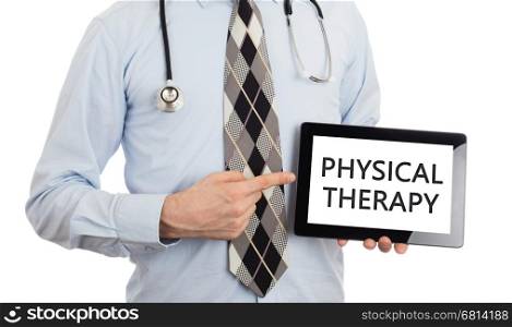 Doctor, isolated on white backgroun, holding digital tablet - Physical therapy