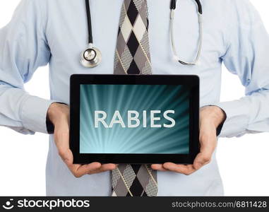 Doctor, isolated on white backgroun, holding digital tablet - Rabies