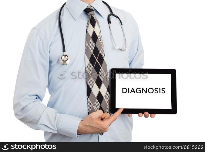 Doctor, isolated on white background, holding digital tablet - Diagnosis