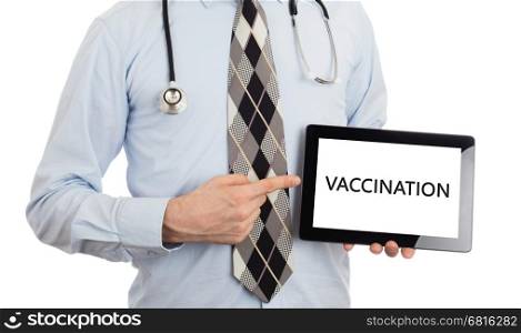 Doctor, isolated on white background, holding digital tablet - Vaccination
