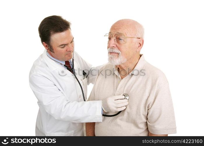Doctor listening to a senior patient&rsquo;s heartbeat. Isolated on white.