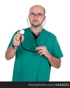 Doctor listening with a stethoscope on a over white background