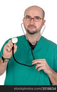 Doctor listening with a stethoscope on a over white background