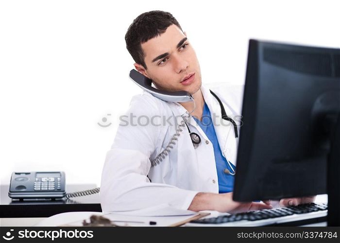 Doctor logging his notes in computer over white background