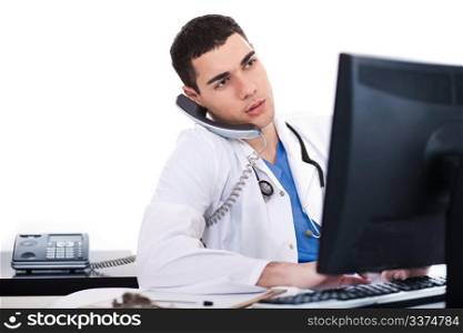 Doctor logging his notes in computer over white background