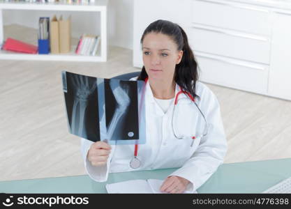 doctor looking at the x-ray picture of hand