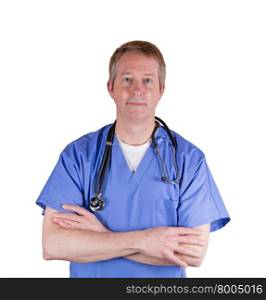 Doctor, looking forward, wearing blue medical scrubs with stethoscope on isolated white background.