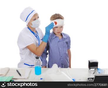 doctor makes a bandage. Isolated on white background