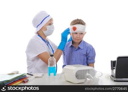 doctor makes a bandage to the patient. Isolated on white background