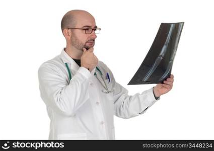 Doctor observing a radiograph isolated on white background