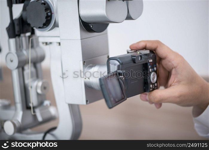 doctor oculist at work. diagnostic ophthalmologic equipment. medicine concept. equipment in the eye clinic