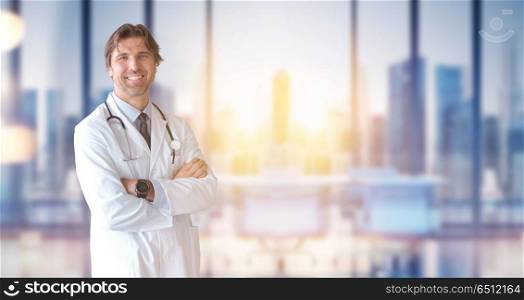 Doctor of medicine on blurred office background. Portrait of doctor of medicine on blurred city and office background