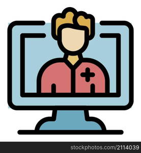 Doctor on screen icon. Outline doctor on screen vector icon color flat isolated. Doctor on screen icon color outline vector