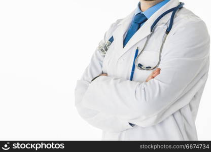 Doctor on white. Close up view of male doctor in white coat and stethoscope with arms crossed isolated on white background with copy space