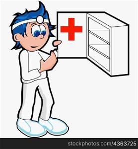 Doctor opening a first aid cabinet