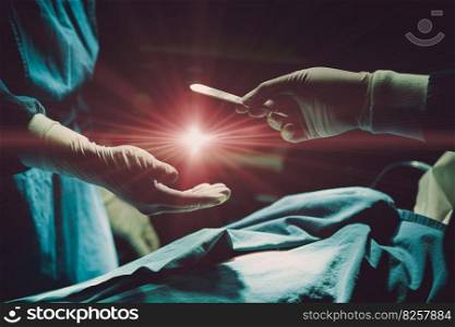 doctor operating patient in hospital sending Surgical Blade with light flare for giving life with organ donor concept.