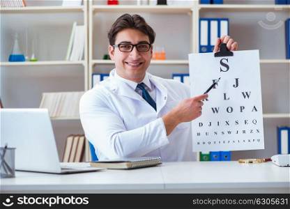 Doctor optician with letter chart conducting an eye test check