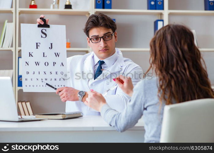 Doctor optician with letter chart conducting an eye test check