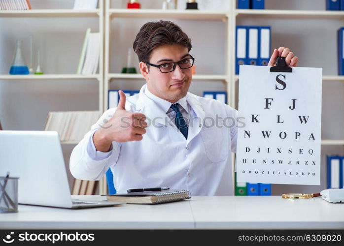 Doctor optician with letter chart conducting an eye test check