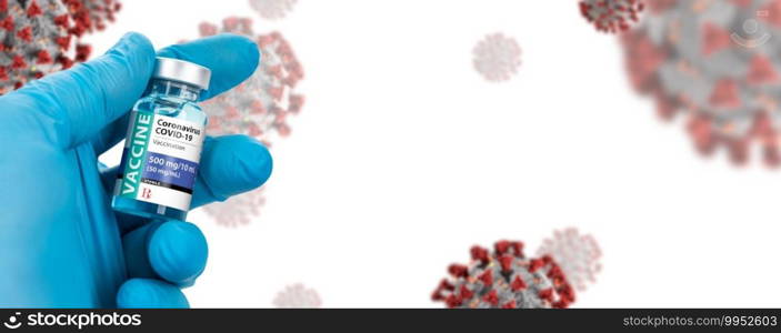 Doctor or Nurse Holding Coronavirus COVID-19 Vaccine Vial Against Molecule Background Banner.