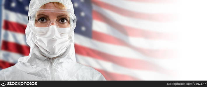 Doctor or Nurse Wearing Medical Personal Protective Equipment (PPE) Against The American Flag Banner.