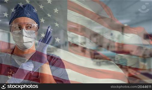 Doctor or Nurse Wearing Medical Personal Protective Equipment (PPE) Within Hospital Against Ghosted American Flag.