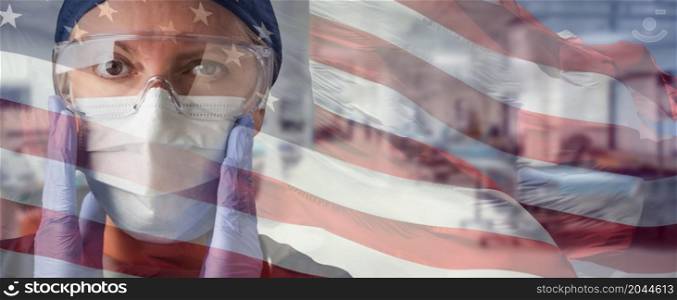 Doctor or Nurse Wearing Medical Personal Protective Equipment (PPE) Within Hospital Against Ghosted American Flag.