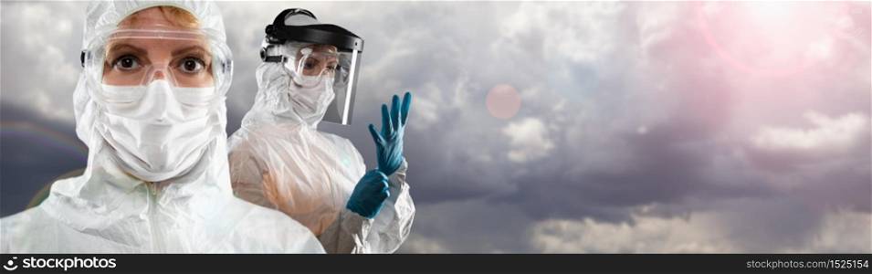 Doctor or Nurse Wearing Personal Protective Equipment Over Stormy Clouds Banner.