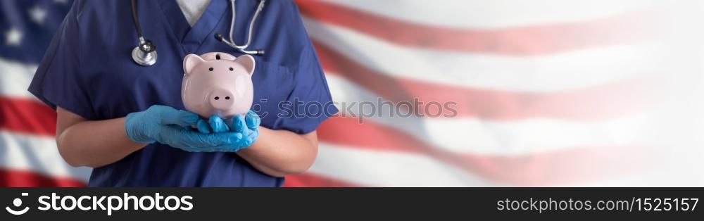 Doctor or Nurse Wearing Surgical Gloves Holding Piggy Bank Over American Flag Banner.