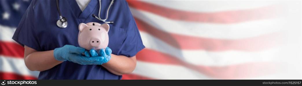 Doctor or Nurse Wearing Surgical Gloves Holding Piggy Bank Over American Flag Banner.
