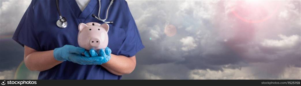 Doctor or Nurse Wearing Surgical Gloves Holding Piggy Bank Over Clouds Banner.