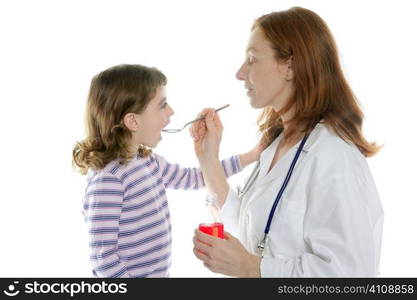 Doctor pediatrician woman spoon medicine little girl