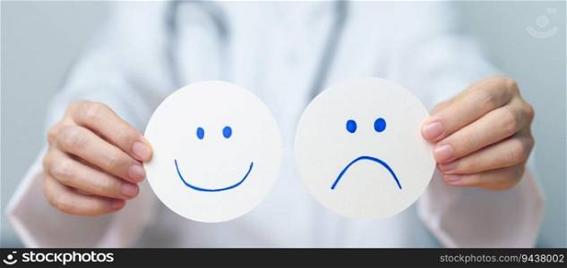 Doctor show Happy smile and Unhappy Sad face paper, Mental health Assessment, Psychology, Health Wellness, Feedback, Customer Review, Experience, Satisfaction Survey, World Mental Health day concept