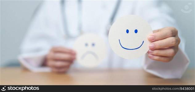 Doctor show Happy smile face paper, Mental health Assessment, Psychology, Health Wellness, Positive Feedback, Customer Review, Good Experience, Satisfaction Survey, World Mental Health day concept