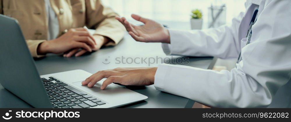 Doctor show medical diagnosis report and providing compassionate healthcare consultation to young patient in doctor clinic office. Doctor appointment and medical consult concept. Neoteric. Doctor show medical diagnosis report to young couple. Neoteric