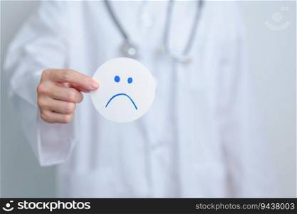Doctor show Unhappy sad face paper, Mental health Assessment, Psychology, Health Wellness, Negative Feedback, Customer Review, Bad Experience, Satisfaction Survey, World Mental Health day concept