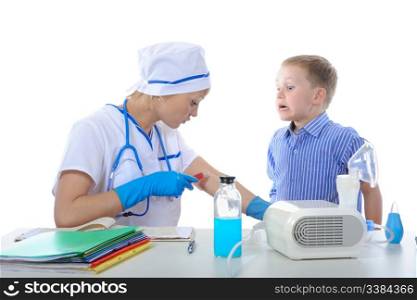 doctor showed the boy how to make a shot. Isolated on white background