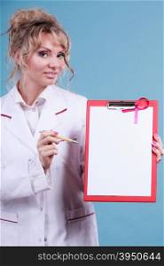 Doctor showing folder with pink ribbon by pen.. Diagnosis concept. Middle aged female doctor with pen showing red empty folder with pink breast cancer awareness ribbon