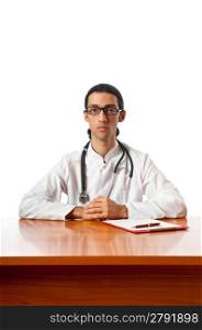 Doctor sitting at the desk on white