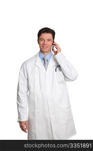 Doctor standing on white background with telephone