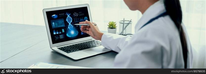 Doctor studying genetic disease in DNA research with laptop, analyze genetic data, formulate medical treatment strategies, and develop healthcare plan for patient with innovative solution. Neoteric. Doctor studying genetic disease in DNA research with laptop. Neoteric