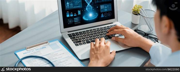 Doctor studying genetic disease in DNA research with laptop, analyze genetic data, formulate medical treatment strategies, and develop healthcare plan for patient with innovative solution. Neoteric. Doctor studying genetic disease in DNA research with laptop. Neoteric