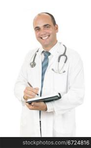 doctor taking notes about his patients on white background