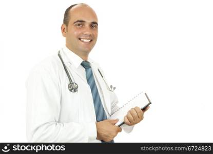 doctor taking notes about his patients on white background