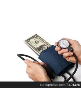 Doctor taking pressure of one dollar. Concept for dollar crisis.