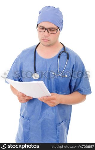doctor thinking with his notes, isolated over white background