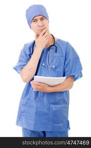 doctor thinking with his notes, isolated over white background