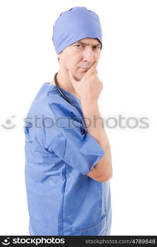 doctor thinking with his notes, isolated over white background